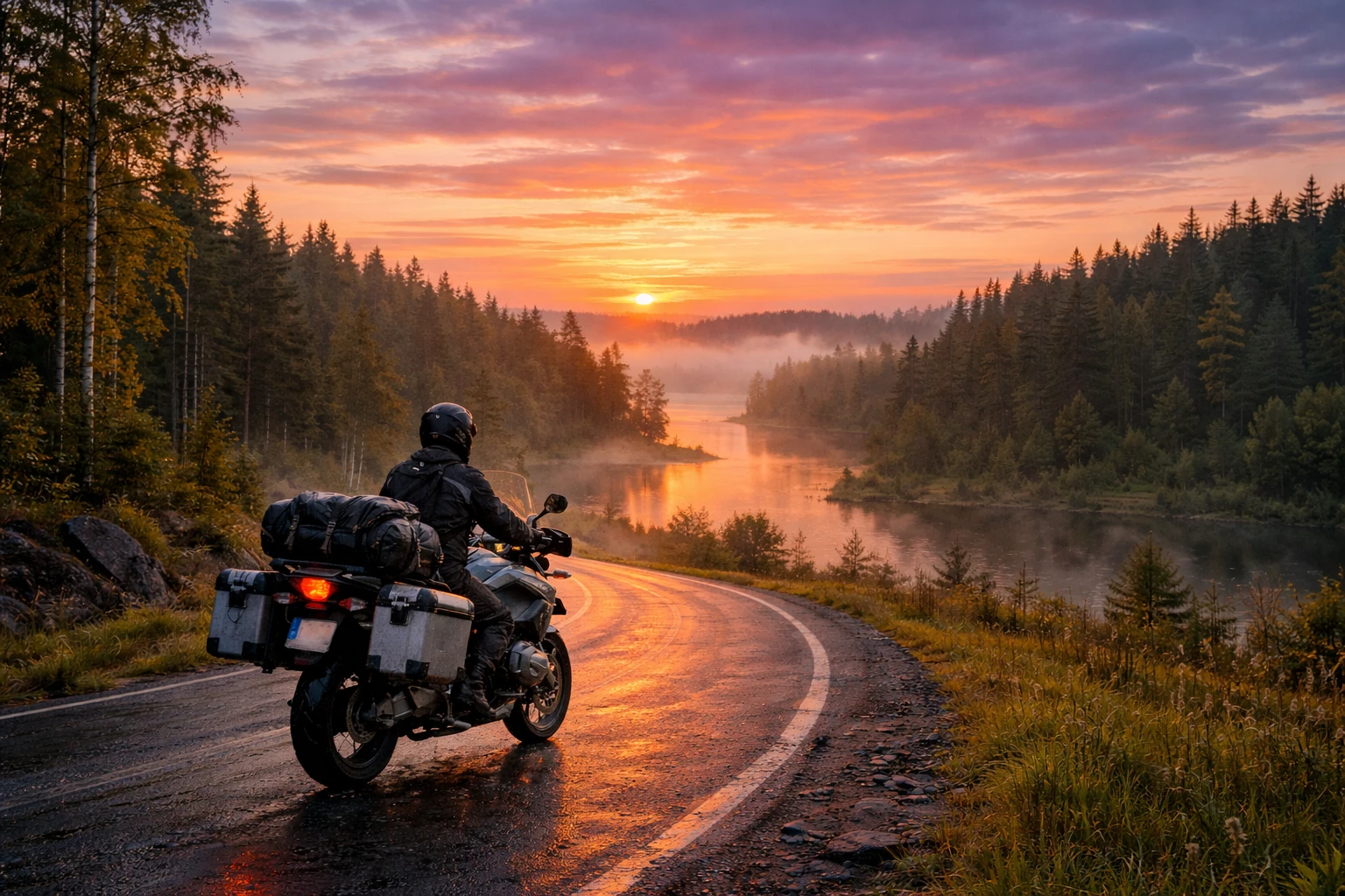 Grand roadtrip à moto vers l’Estonie, avec paysage de forêt et route vide à perte de vue, évoquant liberté, nature sauvage et aventure solitaire.